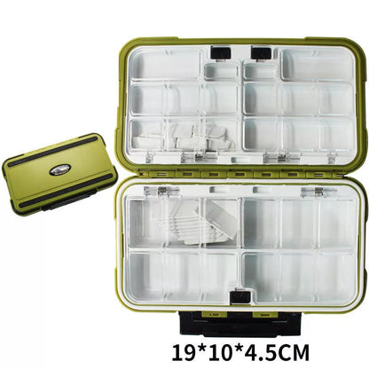 Double-layer spring fishing accessory box in army green, orange, black, and grey colors