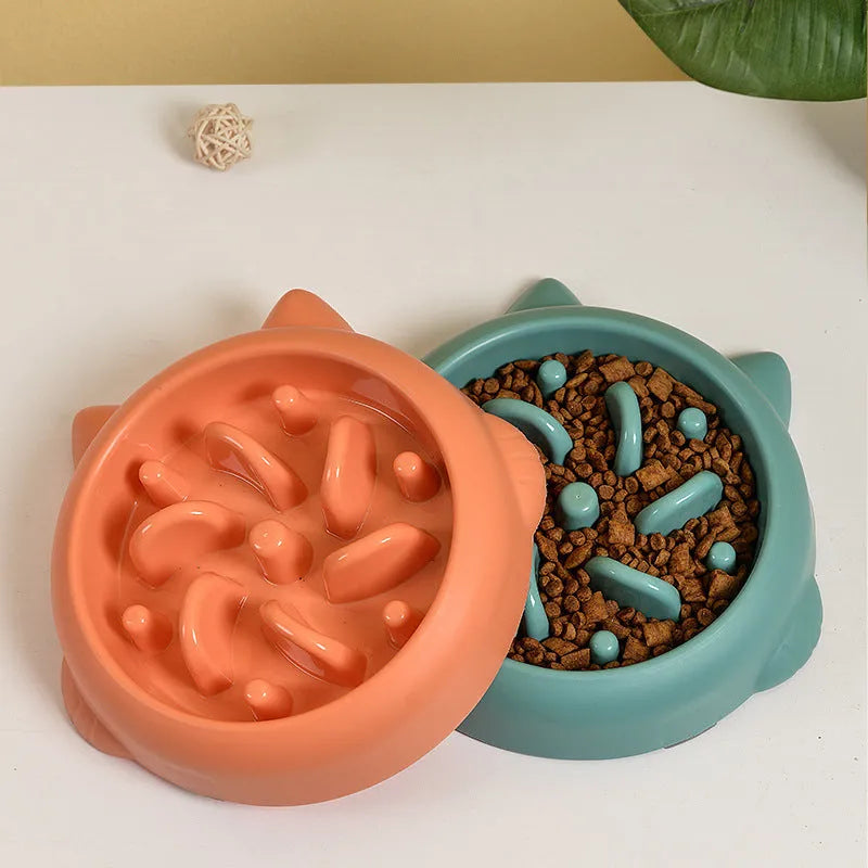 PP plastic slow feeder dog bowl with bone-shaped obstacles in green, pink or orange