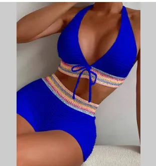 Women's solid colour polyester bikini swimsuit showing front view of two-piece design
