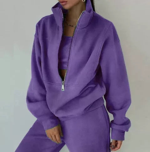 Women's solid color fleece sports casual suit with vest in various colors