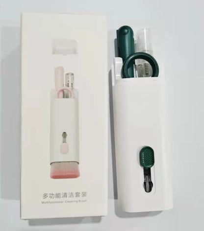 Multifunctional white cleaning pen kit open to show silicone tip, brush, keycap puller, and spray bottle for electronics.