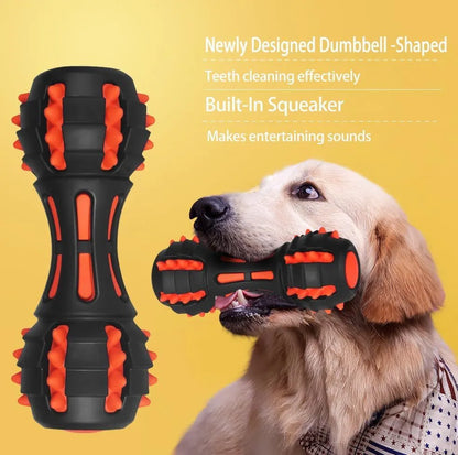 Red dumbbell-shaped dog chew toy for aggressive chewers, made from natural rubber