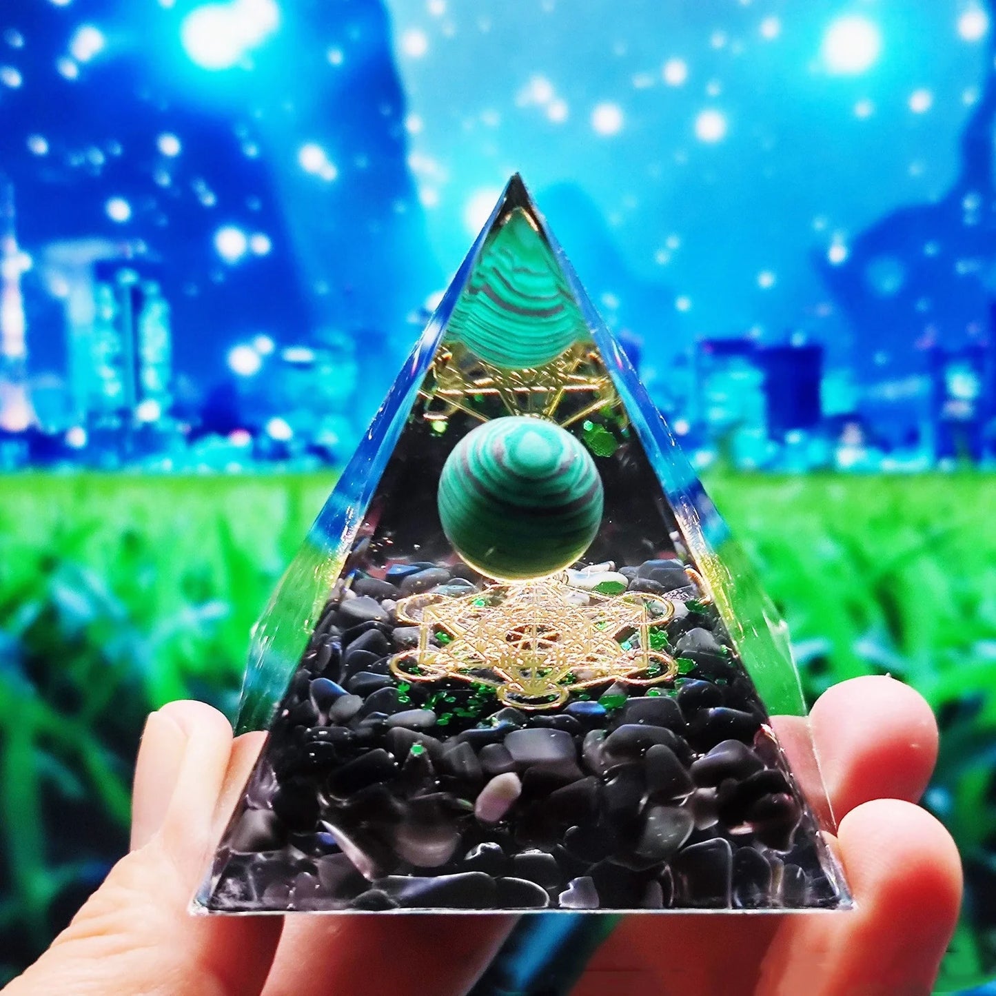 Crystal ball gravel pyramid resin artwork with 6cm diameter and 50mm base