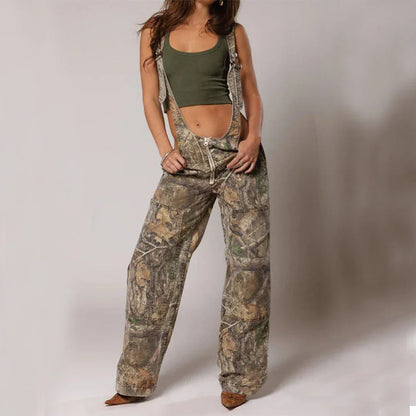 Fashionable Y2K-inspired denim overalls with pockets, suspenders, and a loose, comfortable fit