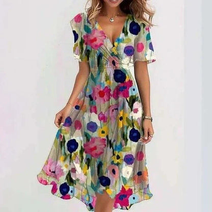 Elegant summer chiffon V-neck dress with floral print, available in multiple colors and sizes.