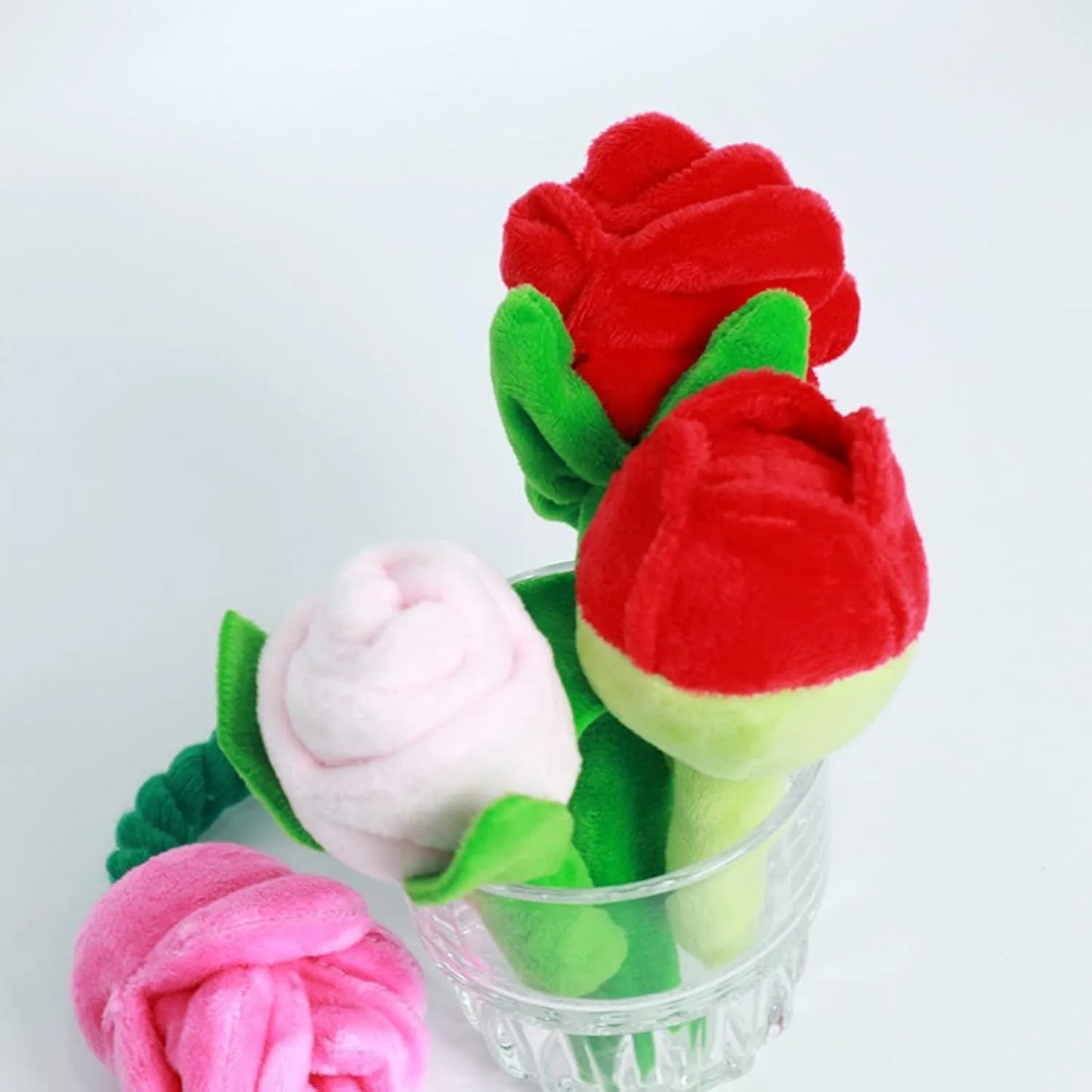 Plush rose flower dog chew toy with squeaker for small dogs and puppies