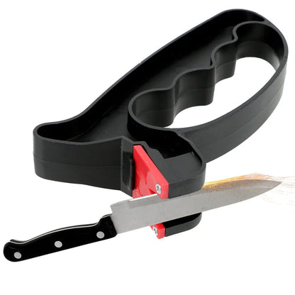 Black handheld knife and scissor sharpener tool with tungsten steel blade measuring 140mm