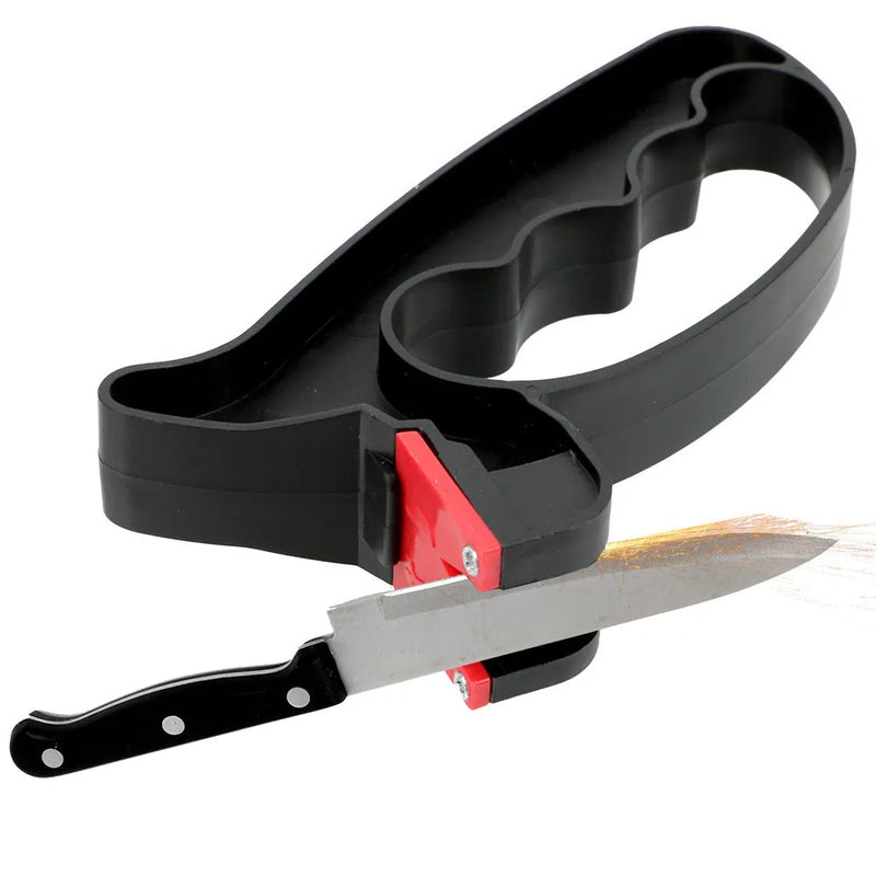 Handheld knife sharpener and scissor sharpener tool with tungsten steel blade in 2-in-1 design, measuring 140mm x 70mm x 26mm for convenient kitchen blade maintenance in black colour