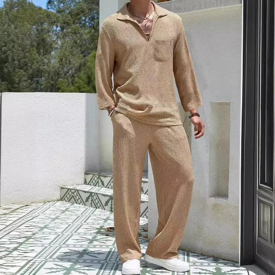 Men's casual shirt and trousers set in lake blue with shirt-style jacket and matching trousers for autumn leisure wear