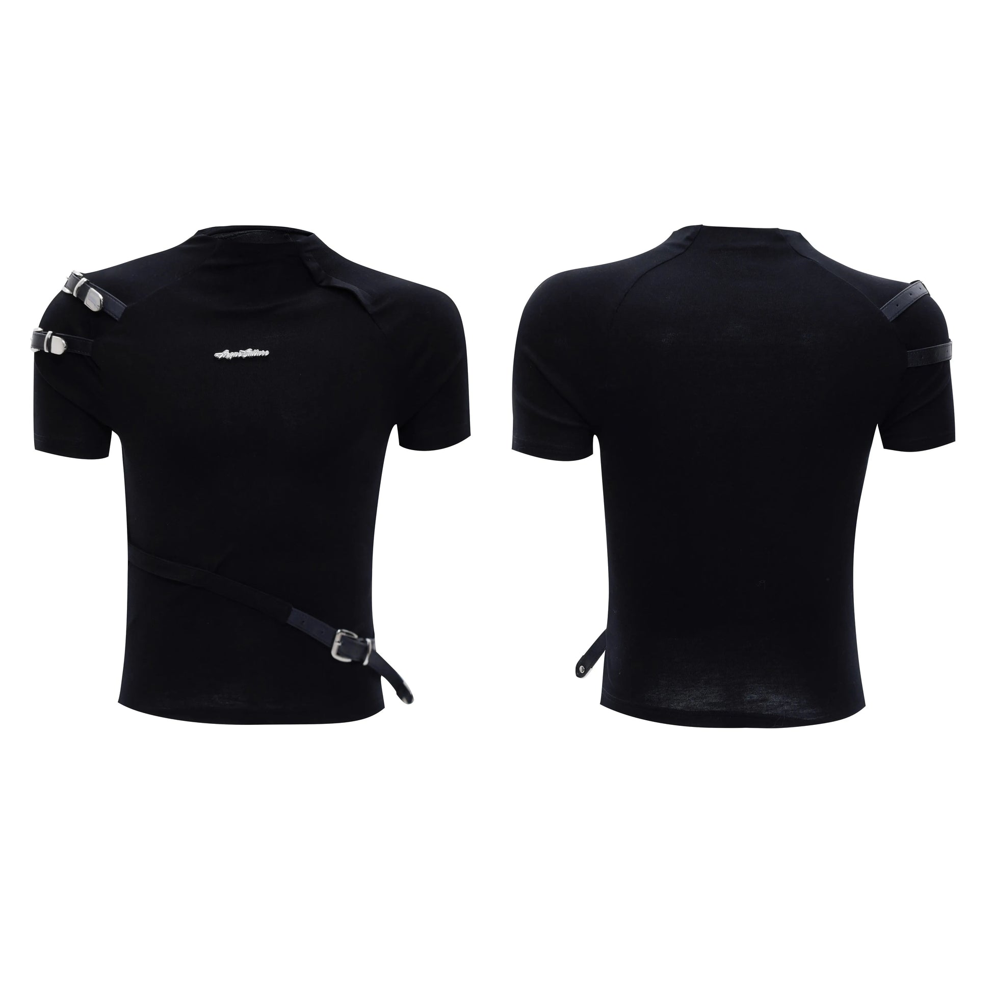 Men's black slim fit cotton T-shirt with a metal belt detail on the stand-up collar.