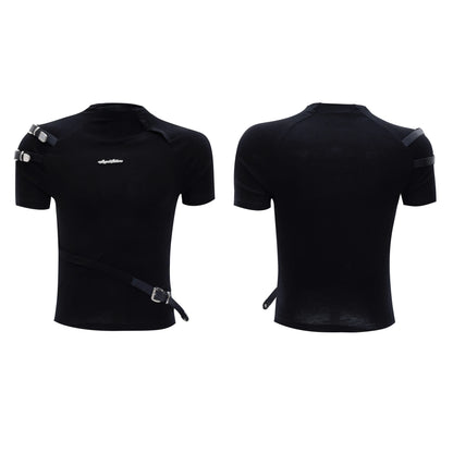 Men's black slim fit cotton T-shirt with a metal belt detail on the stand-up collar.