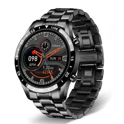 Black and silver stainless steel smart watch with a 1.3-inch screen showing step counter.