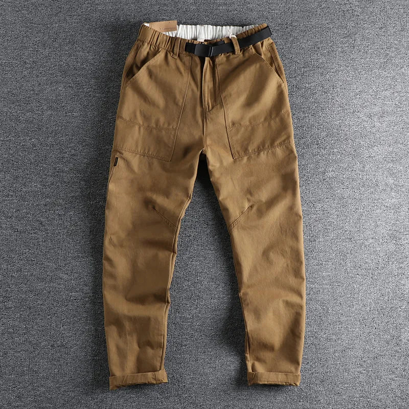 Men's khaki work trousers with N I buckle belt and three-dimensional cutting design