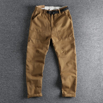 Men's khaki work trousers with N I buckle belt and three-dimensional cutting design