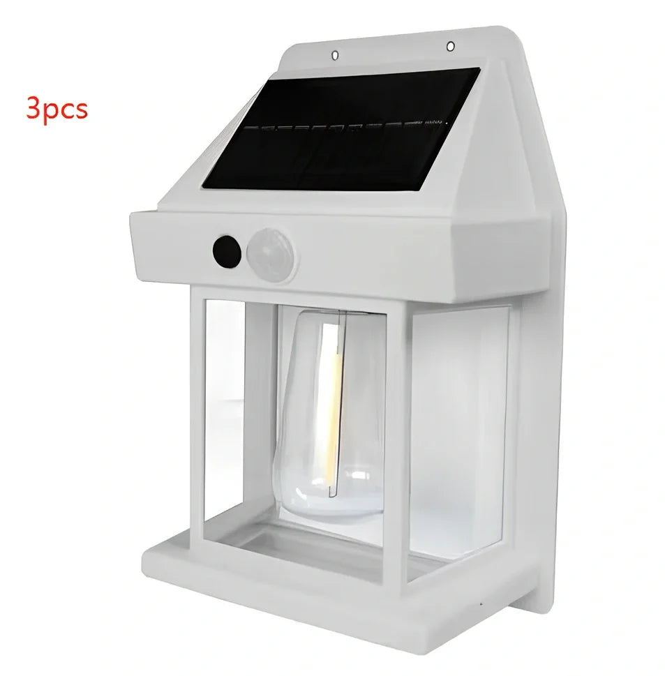 Black solar garden wall lamp with waterproof IP65 rating and automatic light sensor for outdoor installation