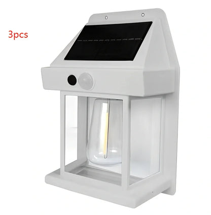 Black solar garden wall lamp with waterproof IP65 rating and automatic light sensor for outdoor installation