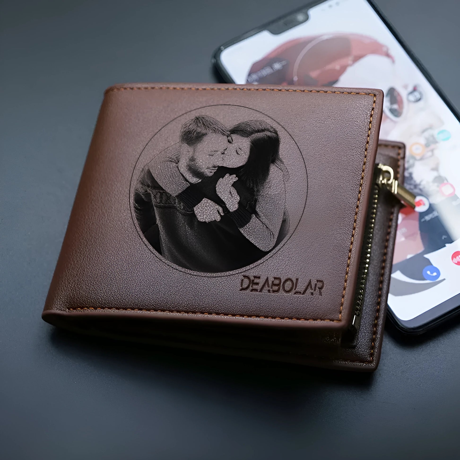 Men's brown leather wallet with a zip closure, presented in individual packaging.