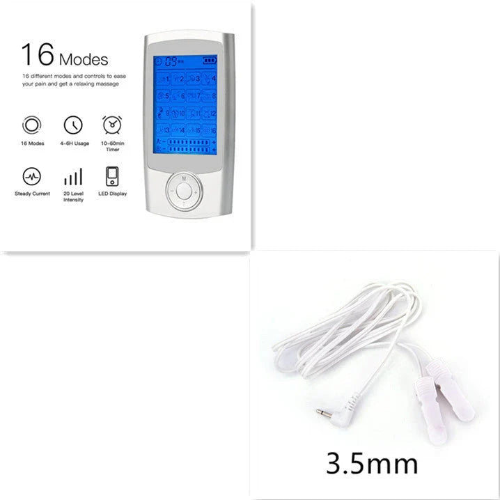 Rechargeable TENS unit with 16 massage modes, adjustable timer and intensity, and dual output for pain relief and muscle stimulation