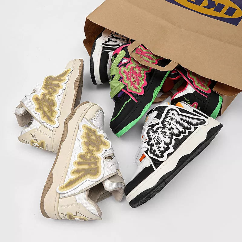 Minimalist skate shoes in white and black, black and red, and sky colors with breathable mesh lining