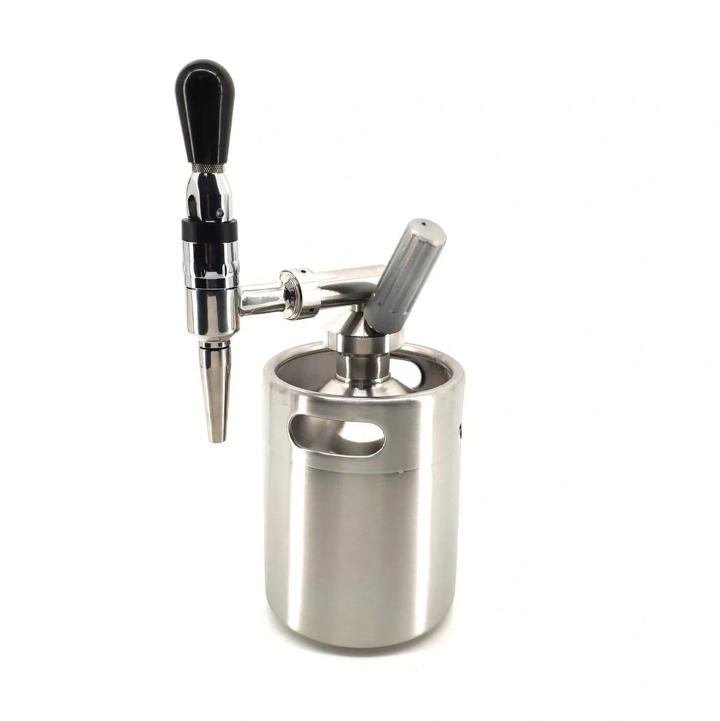 Stainless steel nitrogen coffee barrel with manual infusion system and natural finish