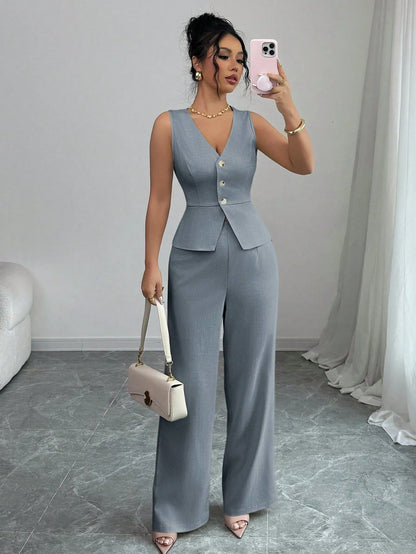 Women's sleeveless vest and high-waist trousers two-piece set in solid colour