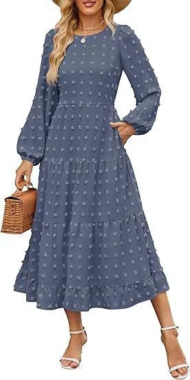 Autumn long sleeve dress with ruffled sleeves and high waist design in various colour options
