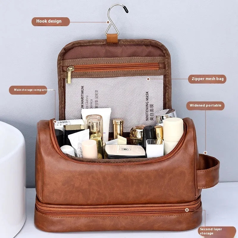 PU leather cosmetics storage bag with hook in black, brown or dark brown, simple modern travel wash bag