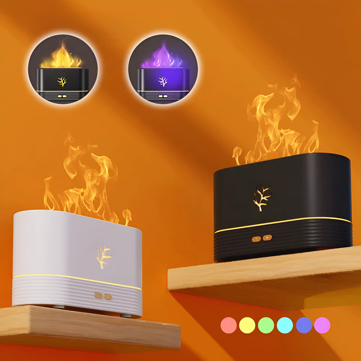 White square USB flame humidifier and aroma diffuser showing realistic LED fire effect.