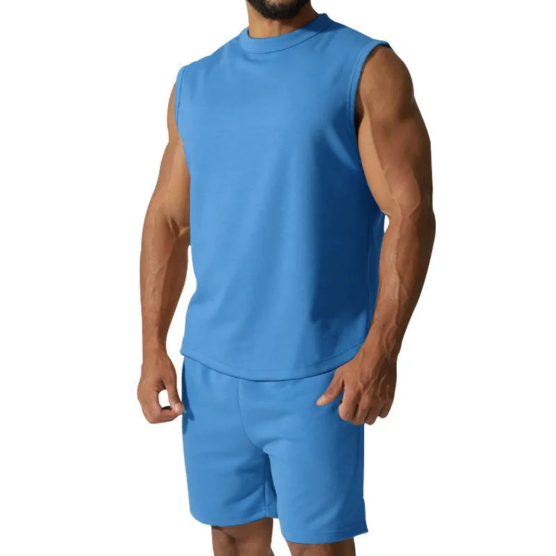 Men's sleeveless cotton blend sports suit set with shorts in multiple solid colour options