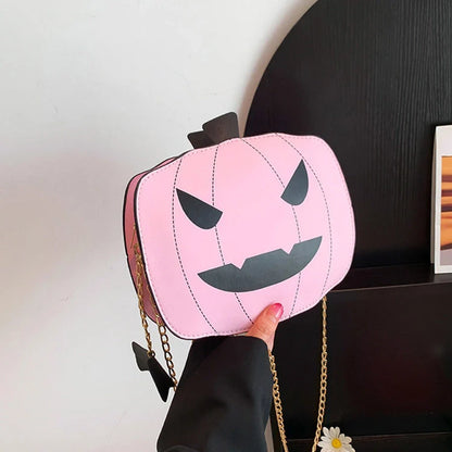 Halloween Cartoon Pumpkin Shoulder Bag in various colors with adjustable chain strap
