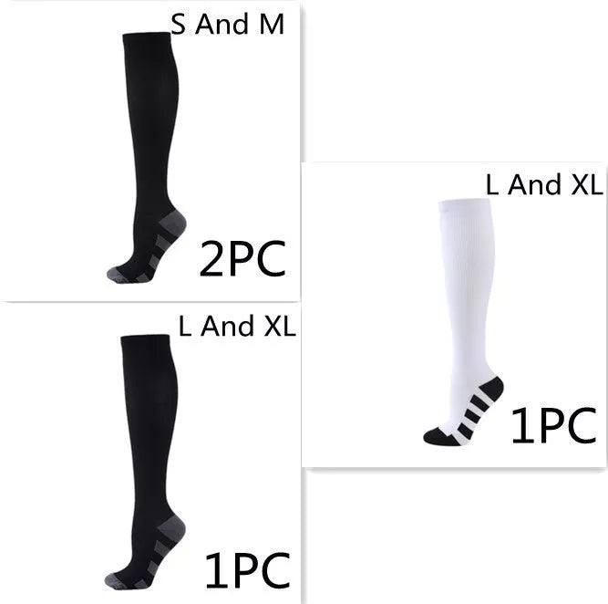 Athletic compression socks with three-bar design in black, pink, and white