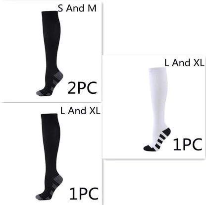 Athletic compression socks with three-bar design in black, pink, and white