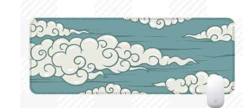 Large non-slip rubber desk mat showing Japanese style pattern on a wooden desk.