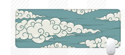 Large non-slip rubber desk mat showing Japanese style pattern on a wooden desk.