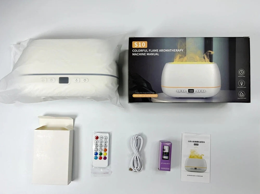 White 3D flame humidifier with 200ml tank, measuring 226mm by 127mm by 87mm, showing colourful flame effect lighting