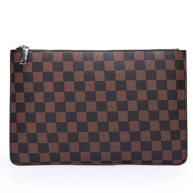 Men's black checkered PU leather clutch wallet open, showing six card slots and a central zippered pocket.