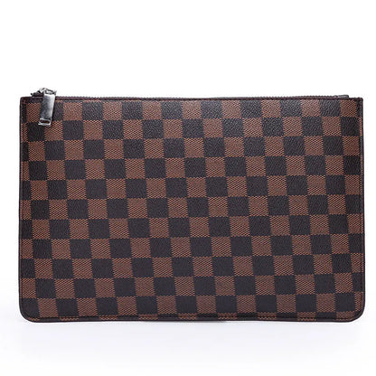 Men's black checkered PU leather clutch wallet open, showing six card slots and a central zippered pocket.
