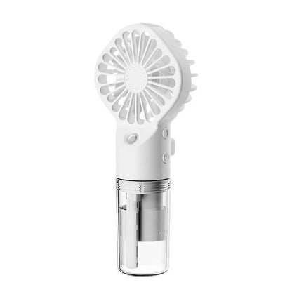Powerful portable mist fan with four-speed settings, built-in humidifier, and compact design for convenient cooling and hydration
