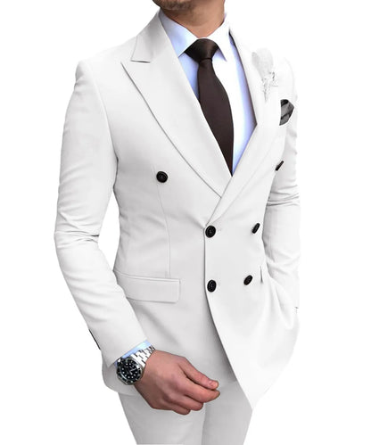 Men's two-piece slim fit wedding suit with straight collar and side slits, available in 15 colours and sizes XS to 5XL.