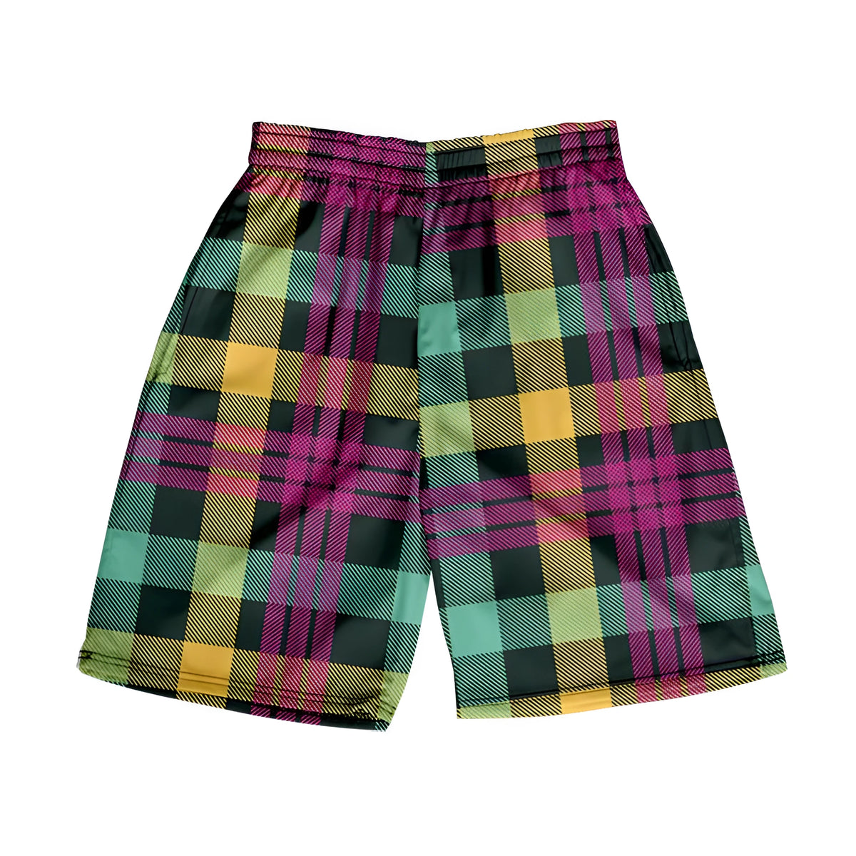 Men's plaid pattern casual shorts with an elastic waistband, shown in a straight leg design.