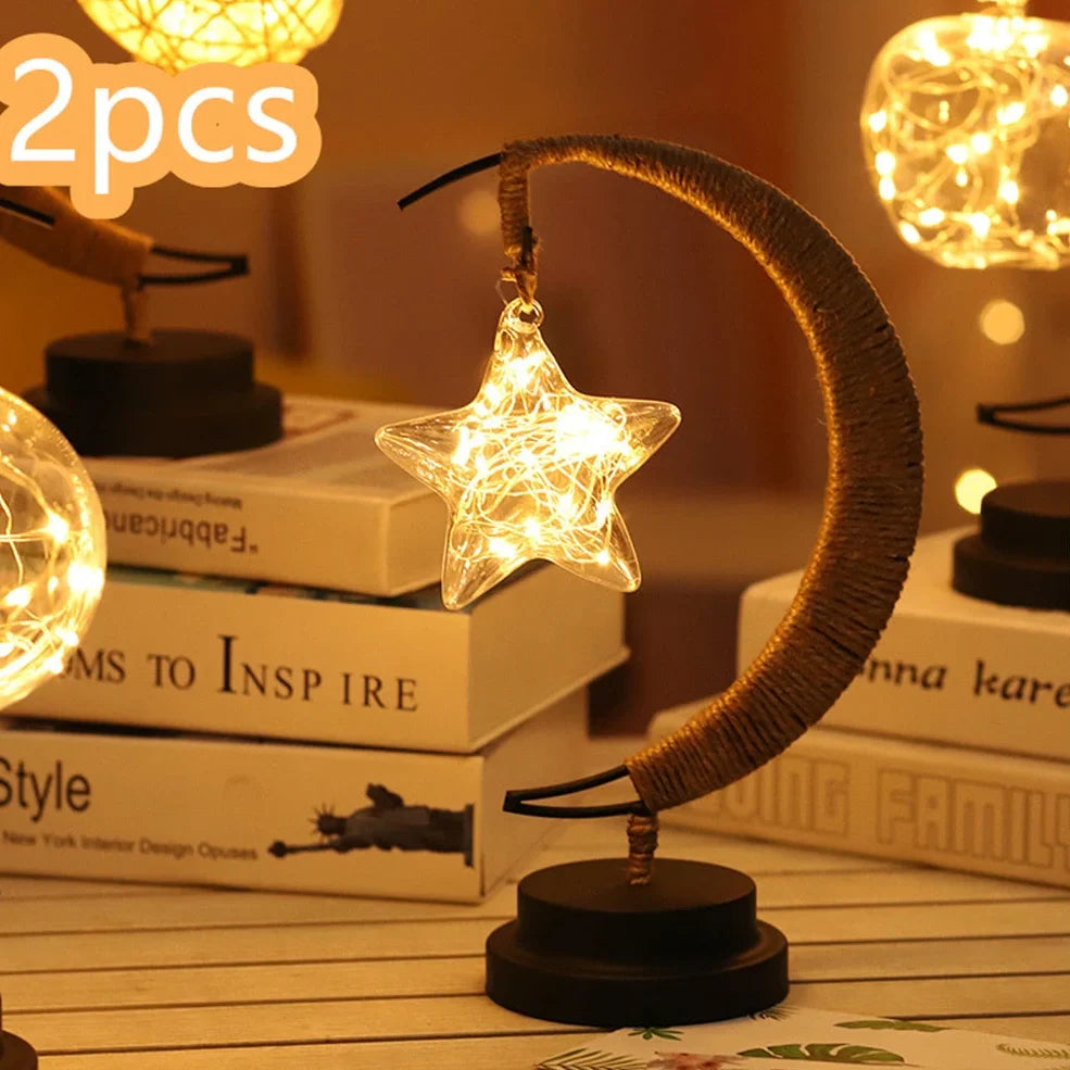 Star-shaped wrought iron LED decorative light with copper wire detailing and glass shell, measuring 280mm by 140mm by 130mm