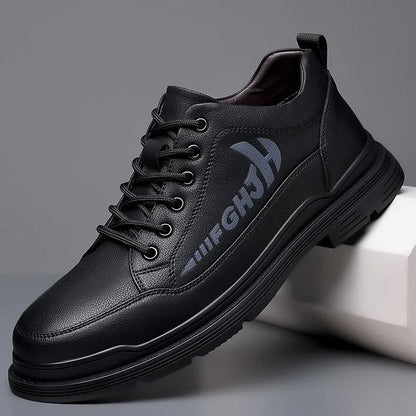 Men's black and khaki leather business shoes with round toe, front tie, and low rubber sole
