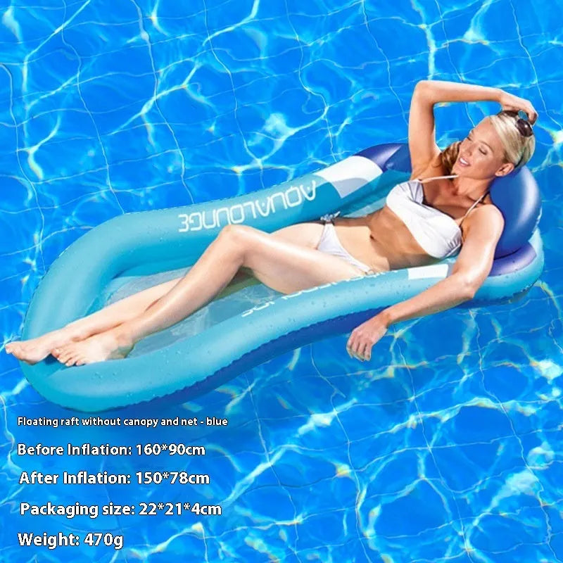 A person lounging on a large, colourful inflatable floating row with sequin details in a swimming pool.