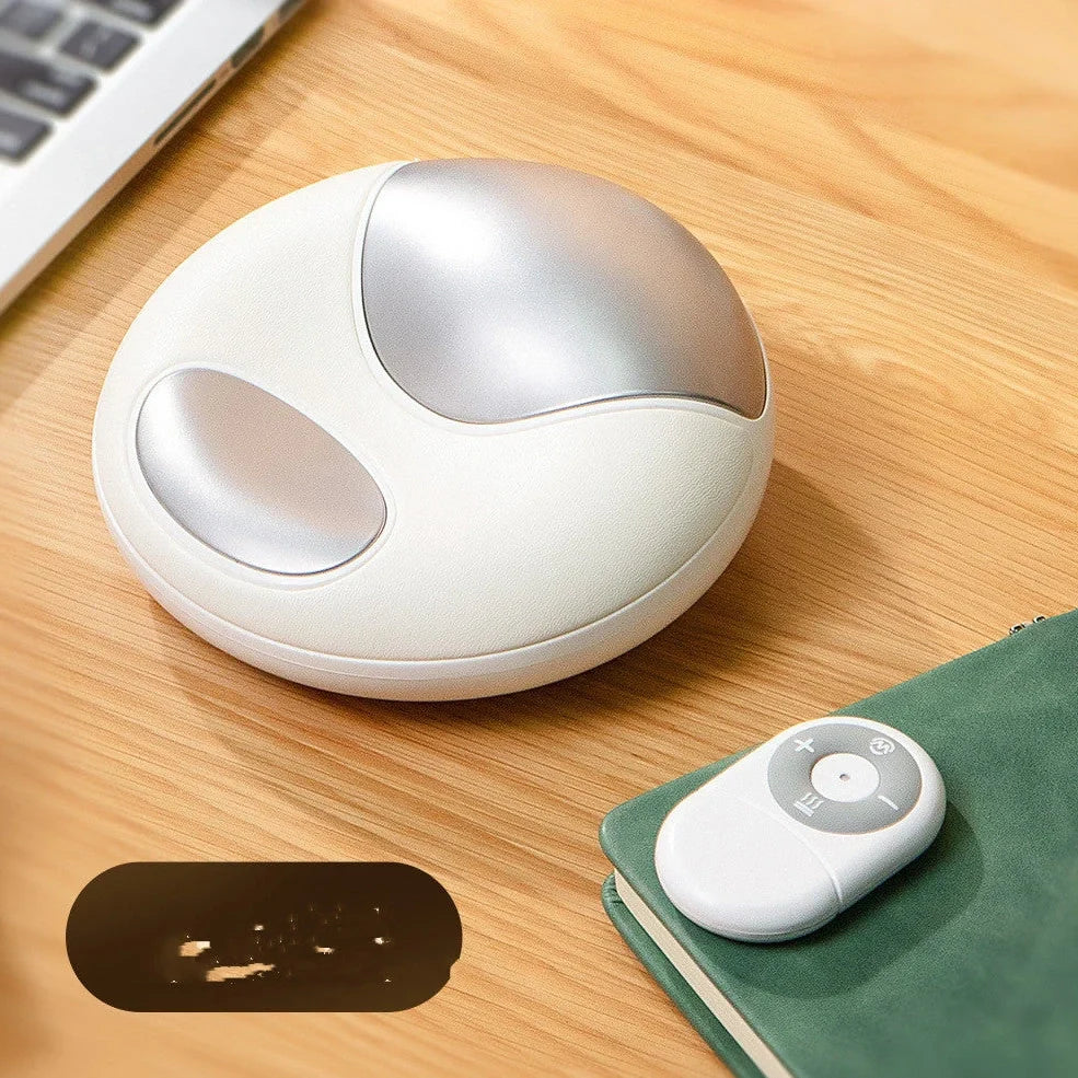 White electric hand massager device with pulse modes and heat for palm relief, 140x141x57mm size