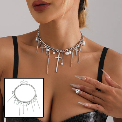 Cross tassel pearl collarbone chain necklace with alloy pendant in ZW1941 color