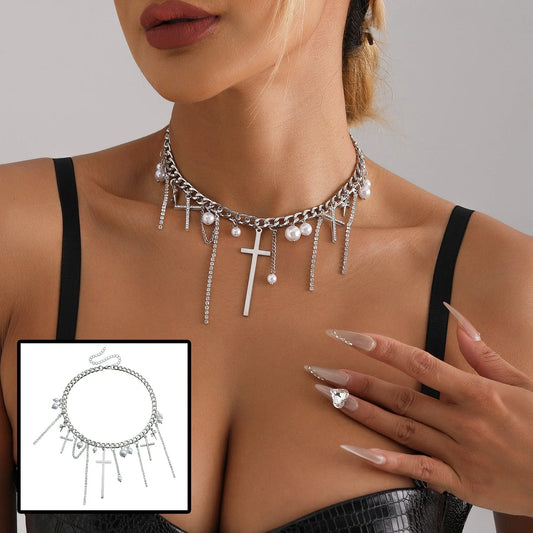 Cross tassel pearl collarbone chain necklace with alloy pendant in ZW1941 color