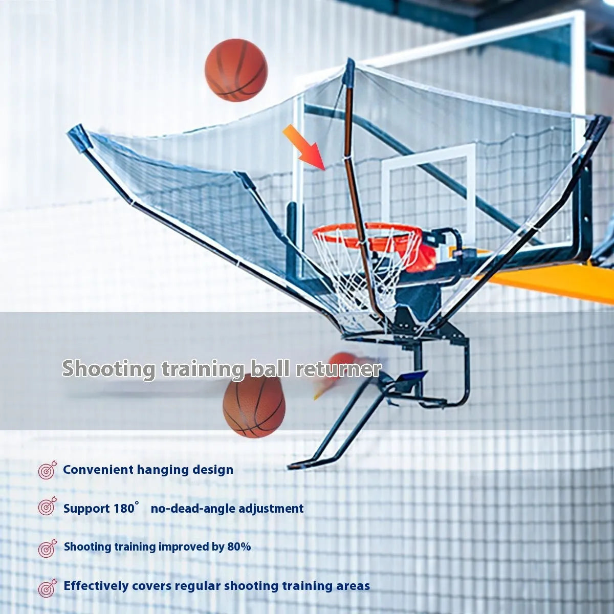 Automatic basketball training ball return with adjustable height mechanism hanging on hoop