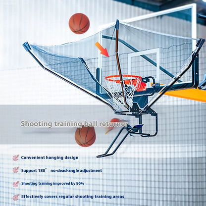 Automatic basketball training ball return with adjustable height mechanism hanging on hoop