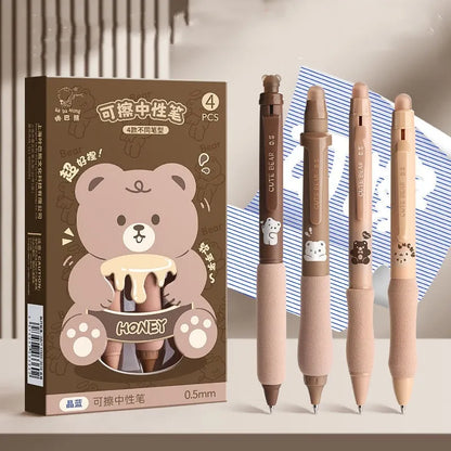 Cartoon-themed erasable gel pen with 0.5mm tip and press-action button.