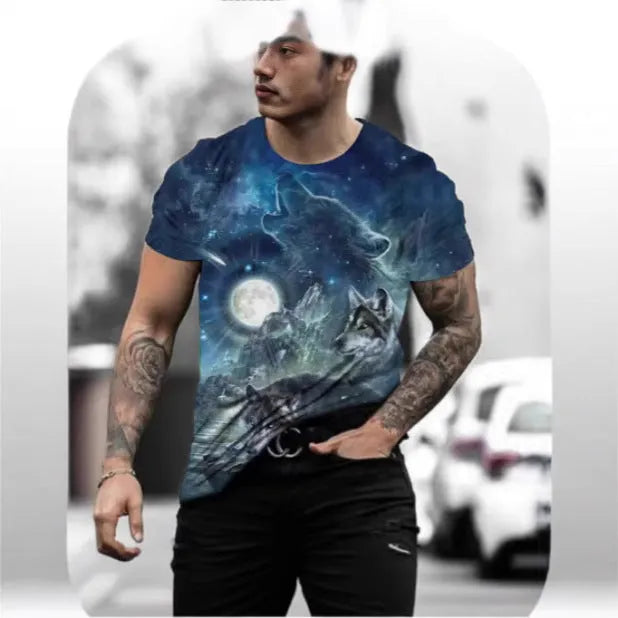 Man wearing a short-sleeved grey t-shirt with a retro-style 3D graphic of a wild animal printed on the front.